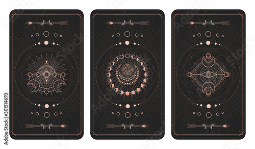Vector set of three dark backgrounds with sacred symbols, grunge textures and frames. Illustration in black and gold colors.