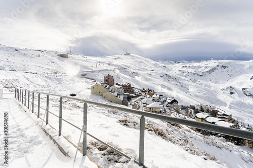 Ski resort of Sierra Nevada in winter, full of snow.