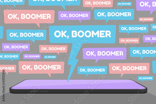 Vector illustration of smartphone and multiple OK Boomer chat bubbles represents social media conflict between baby boomers and younger generation Z and millennials, ignited by popular memes.