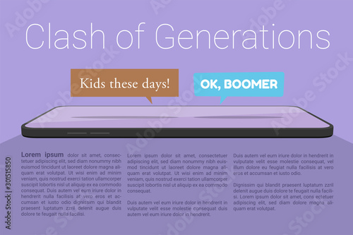 Vector illustration of smartphone and two chat bubbles, OK Boomer and Kids these day, represents social media conflict between baby boomers and younger generations. Headline reads Clash of Generations
