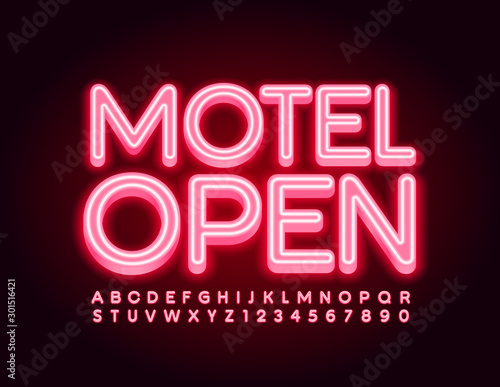 Vector bright signboard Motel Open, Red neon Font. Glowing Alphabet Letters and Numbers