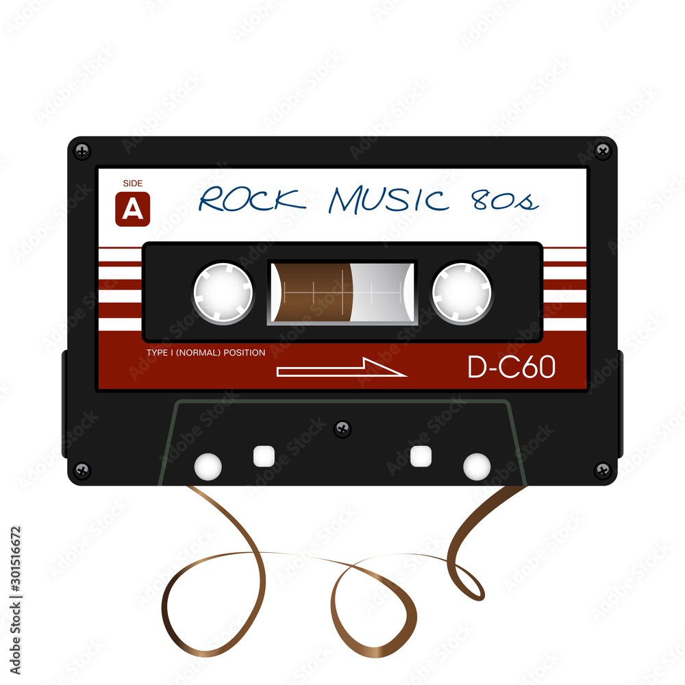Vintage tape cassette. Retro mixtape, 1980s rock songs tape and stereo music cassette. 90s hifi disco dance audiocassette, analogue player record cassette.