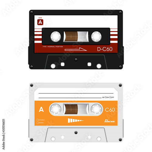 Vintage tape cassette. Retro mixtape, 1980s pop songs tapes and stereo music cassettes. 90s hifi disco dance audiocassette, analogue player record cassette.