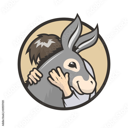 Donkey hugs. Man hugs a cute donkey