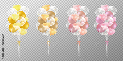 Golden and Rose gold balloons on transparent background. Realistic glossy rose gold and pink balloons vector illustration. Party balloons decorations wedding, birthday, celebration and anniversary car
