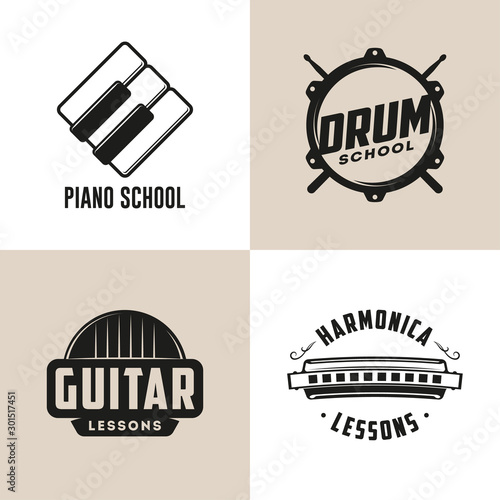 Drum, Harmonica, Guitar and Piano school isolated logos. Music lessons. Retro labels, badges, emblems. Vector Illustration