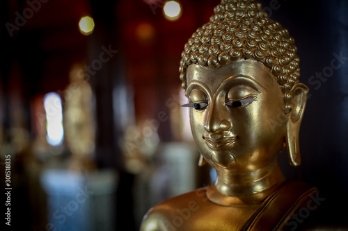 Selective focus  close-up shots of Buddha statues that are used as amulets of Buddhism © Ping198