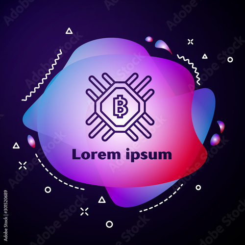 Purple line CPU mining farm icon on dark blue background. Bitcoin sign inside processor. Cryptocurrency mining community. Digital money. Abstract banner with liquid shapes. Vector Illustration