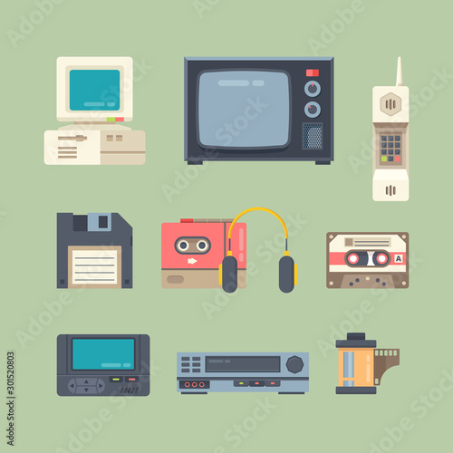 Different 90s gadgets flat vector illustrations set