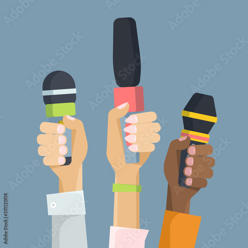 Multiethnic journalists holding microphones flat vector illustration