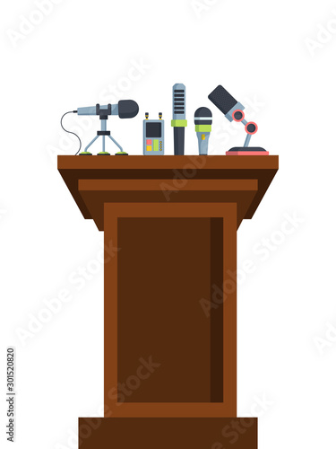 Brown tribune with microphones flat vector illustration