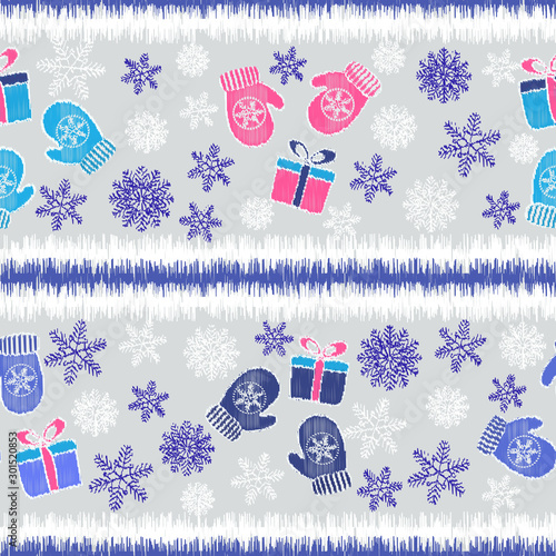 Seamless Christmas pattern with the image of snowflakes, mittens and gift boxes.