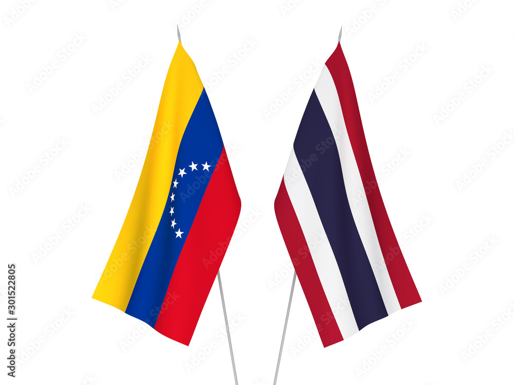 National fabric flags of Thailand and Venezuela isolated on white background. 3d rendering illustration.