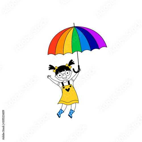Girl holding rainbow umbrella cartoon vector illustration