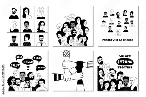 Multinational group of people together vector social media banner templates set