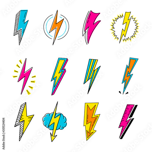Lightnings color cartoon retro vector illustrations set