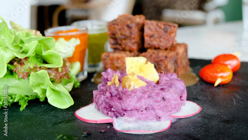Cubic Fried Pork Served with Purple Sweet Potato and Salad