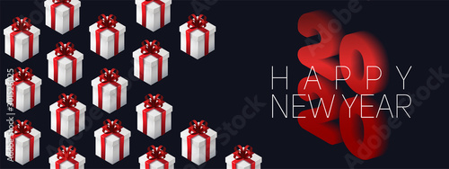 2020 isometric Happy New Year and gift box. Greeting card, invitation. Vector illustration