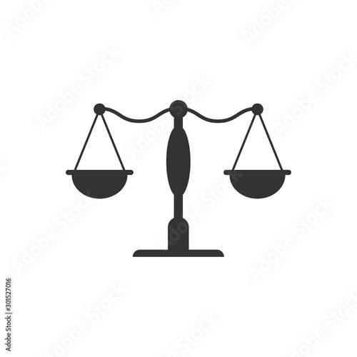 Scale balance icon in flat style. Justice vector illustration on white isolated background. Judgment business concept.