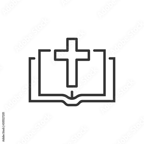 Bible book icon in flat style. Church faith vector illustration on white isolated background. Spirituality business concept.