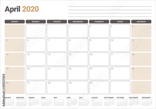 April 2020 desk calendar vector illustration