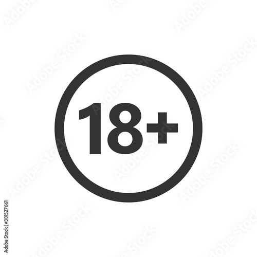 18 plus icon in flat style. Adult only vector illustration on white isolated background. Forbidden child business concept.