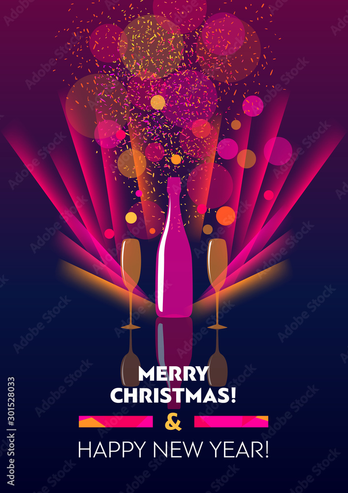 Vertical holiday bright color template with bottle and two glasses of champagne.  - obrazy, fototapety, plakaty 