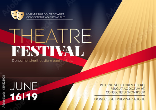  Horizontal theatre festival template with golden drape, graphic elements and text. 