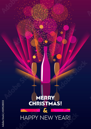 Vertical holiday bright color template with bottle and two glasses of champagne. 