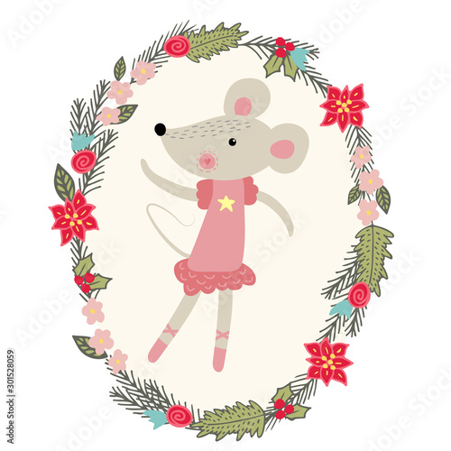 Cute cartoon ballerina rat. New year 2020. illustration.