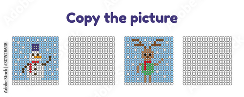 Educational game for attention for children of kindergarten and preschool age. Repeat the picture. Copy the illustration. Color by example. Winter and new year.