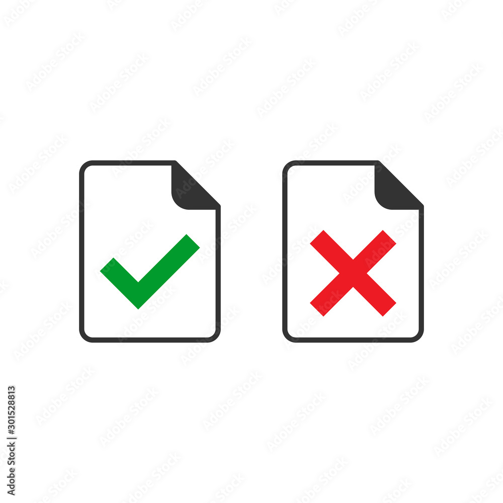 Accept document icon in flat style. Reject vector illustration on white isolated background. Check mark message business concept. Accept document icon in flat style. Reject vector illustration on white isolated background. Check mark message business concept.