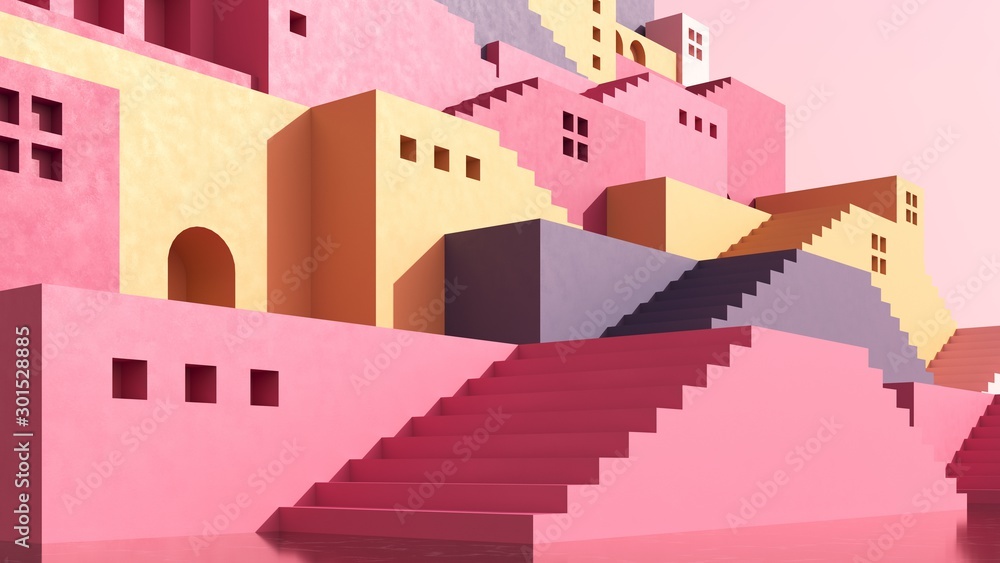 Architectural background of buildings with stairs and arches. Bright castle, ancient housing against the pink sky - 3D, render. Banner, card for travel, presentations, advertising with copy space. Architectural background of buildings with stairs and arches. Bright castle, ancient housing against the pink sky - 3D, render. Banner, card for travel, presentations, advertising with copy space.