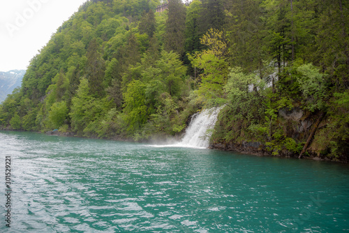 Beautiful scene of Brienz lake with waterfall and fresh green forest for background with copy space