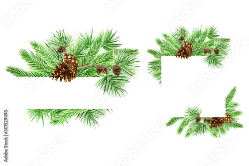 Christmas Greeting card set  poster  banner concept of pine branches and cones on white background  New Year hand drawn watercolor illustration with copy space for text