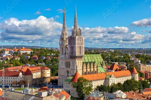 The Zagreb Cathedral on Kaptol. Aerial view of the central square of the city of Zagreb. Capital city of Croatia. Image