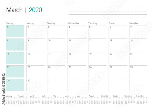 March 2020 desk calendar vector illustration