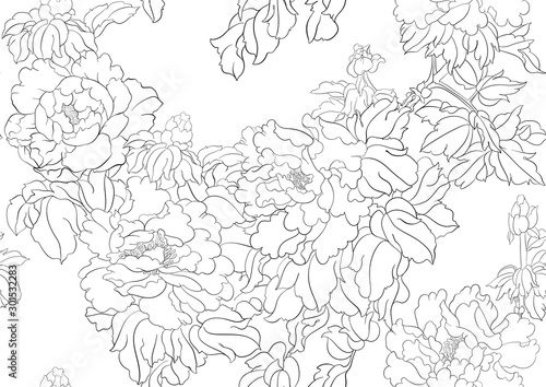 Peony tree branch with flowers in the style of Chinese painting on silk Seamless pattern, background. Outline hand drawing vector illustration..