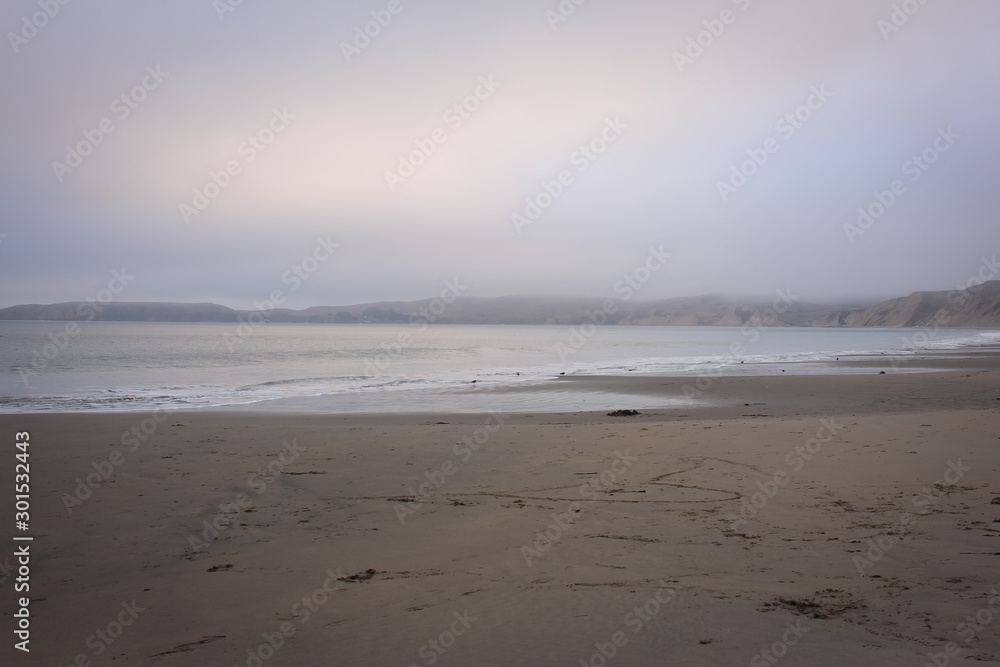 Foggy landscape view along the Drakes Beach, Point Reyes National Seashore, Marin County, California