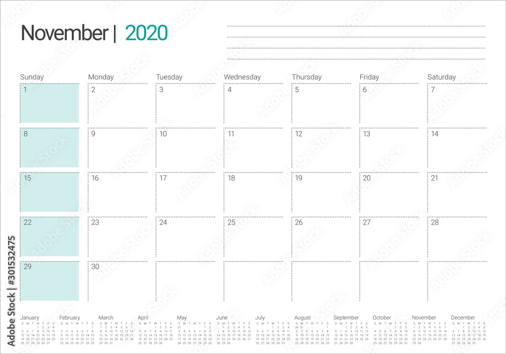 November 2020 desk calendar vector illustration November 2020 desk calendar vector illustration