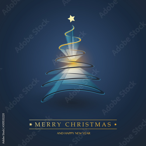 Dark Blue and Golden Merry Christmas, Happy Holidays Card - Golden Christmas Tree Shape Made from Dark Ribbon