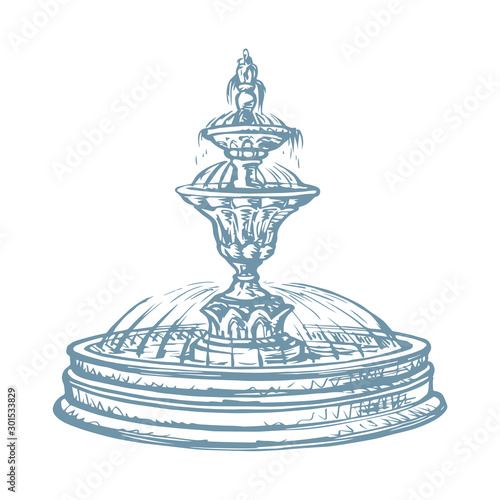Old round fountain. Vector drawing