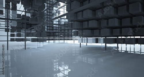 Abstract architectural white interior from an array of concrete cubes with large windows. 3D illustration and rendering.