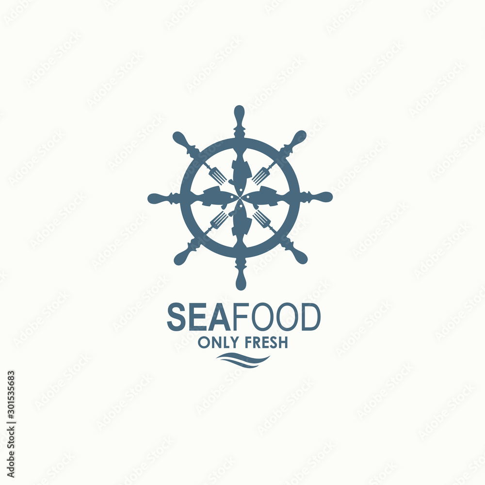 seafood menu design with fish and helm isolated