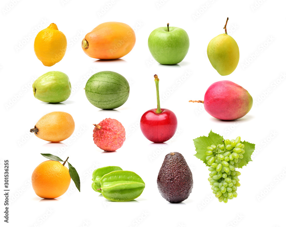 Variety of fruits on white background Variety of fruits on white background
