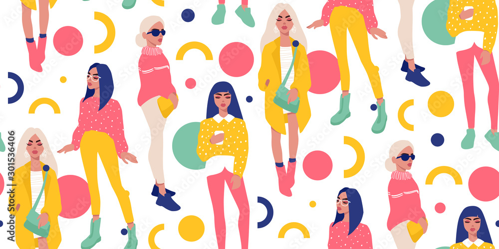 Vector seamless pattern with young women in modern style. Young People background.