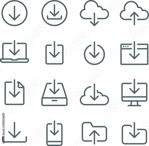 Download icons set vector illustration. Contains such icon as Website, Mobile, File, Folder, Cloud and more. Expanded Stroke