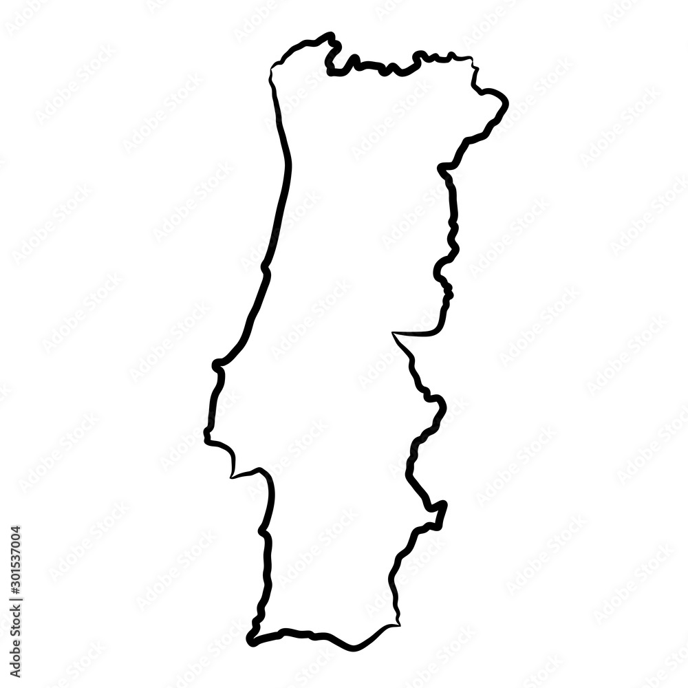 Portugal map from the contour black brush lines different thickness on white background. Vector illustration.
