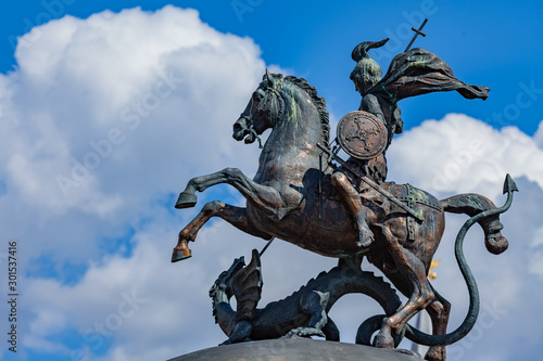 A knight statue on a horse kills a dragon moscow - russia . Monument to George the victorious
