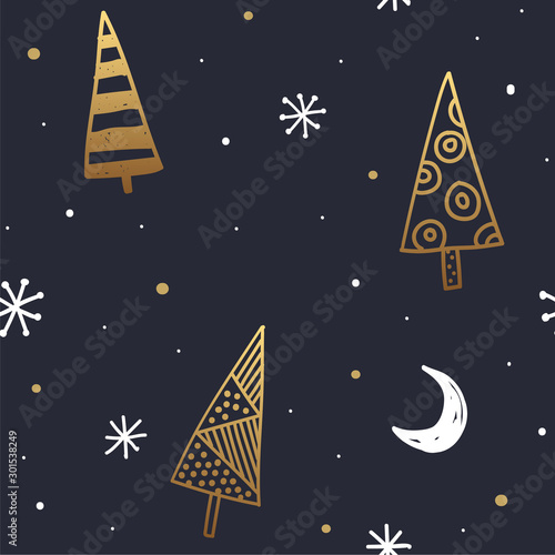 Seamless Christmas pattern with golden decorative trees and white snowflakes on dark background. New Year picture. It can be used to decorate holiday packages, wrapping paper, textiles.